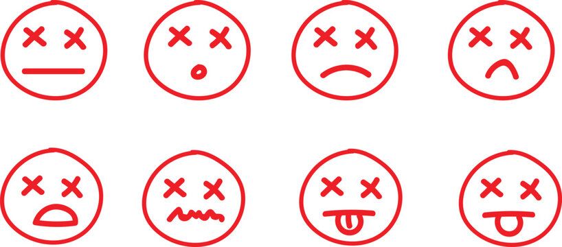 Collection of red hand drawn dead face emojis with crossed eyes in doodle style.