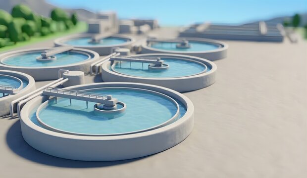 [3D] クレイアニメ風の浄水場の巨大な円形沈殿池（水処理・公共インフラ）