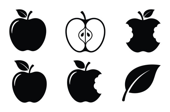 Apple icons set showing whole fruit half section and bitten shapes with organic leaf silhouette art