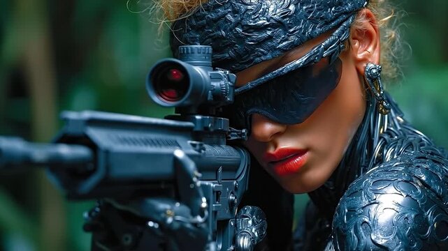 A woman in a black mask holding a rifle