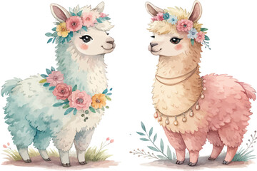Naklejka premium Watercolor Alpaca Clipart, Cute Boho Farm Animal Illustration, Isolated on White