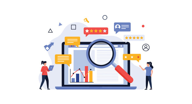 Website analytics and consumer review research concept with people using a magnifying glass to check business performance data.