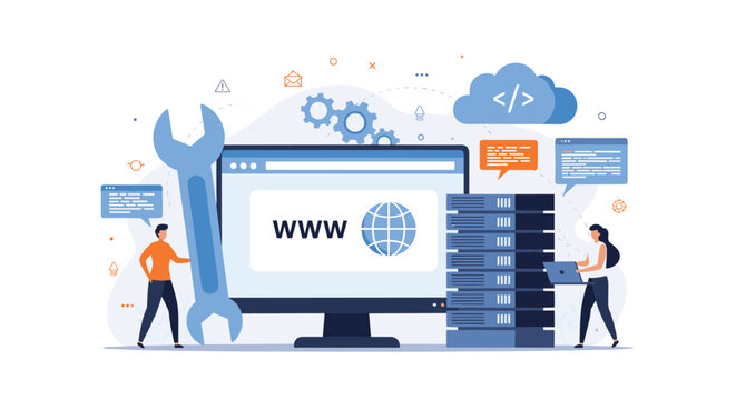 Website maintenance and server troubleshooting concept featuring people using a giant wrench to fix an online platform on servers.