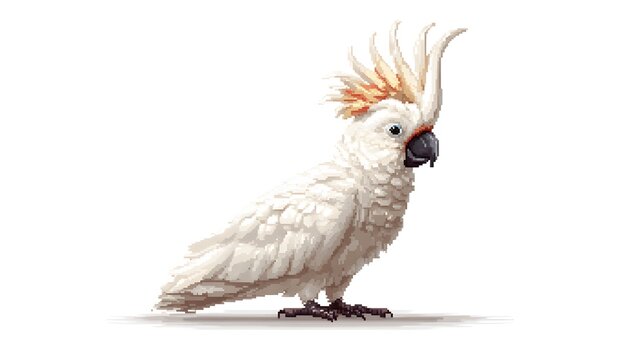 White Cockatoo Parrot Pixel Art Illustration Isolated on White Background