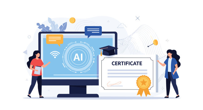 Artificial intelligence certification concept with monitor showing ai symbol graduation cap certificate and two people.