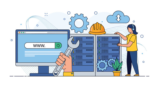 Technical web support and website maintenance with hand holding wrench server racks and person with headset.