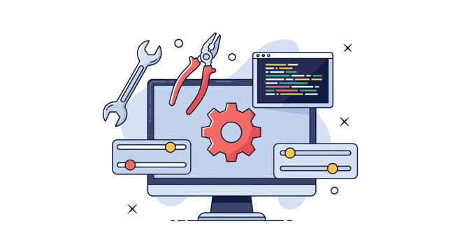 Website customization and development tools with monitor showing code gear wrench pliers and adjustment sliders.