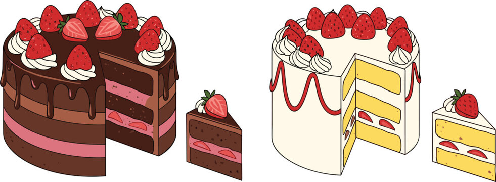 Strawberry cake set with whole cakes and slices, chocolate and vanilla layered desserts with fresh berries vector illustration collection