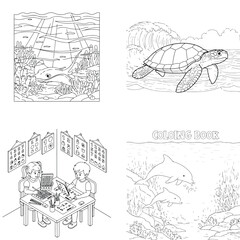 Naklejka premium Children's coloring book page with sea turtle, underwater life, and kids activity