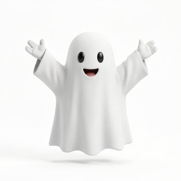 Cute 3D Ghost Character with Raised Arms for Halloween or Playful Designs