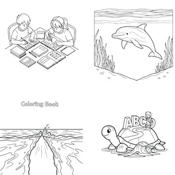 Children learning with abc turtle, jumping dolphin, and playful coloring book line art