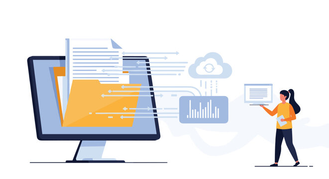 Cloud data migration concept shows files being transferred from an office computer to a cloud storage system while a professional monitors.