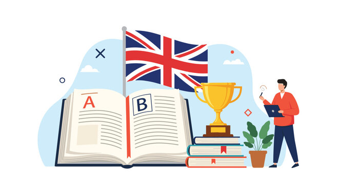 Success in English language learning illustrated with an open textbook, a British flag, a gold trophy, and a student studying on a laptop.