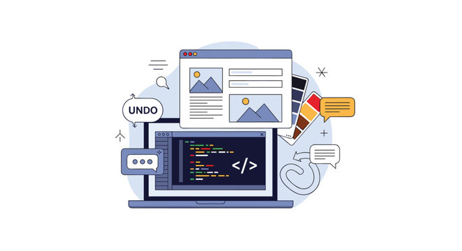 Web development and design process illustration showing a laptop with coding scripts, website layouts, color schemes, and design tools.