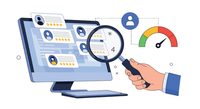 Customer review analysis and profile vetting process shown with a magnifying glass examining user ratings on a computer monitor.
