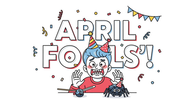 Illustration of a playful prankster with a spider, celebrating April Fools' Day with a funny surprise concept and humor and jokes, against a colorful background with party elements.