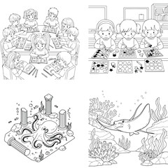 Obraz premium Diverse coloring book pages: kids playing, underwater octopus, park slide activity