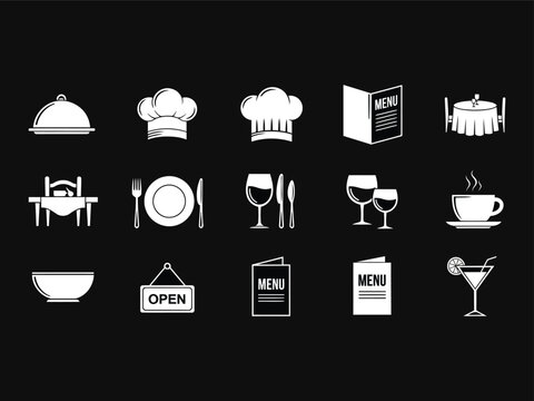 A comprehensive set of white dining and restaurant service icons displayed against a stark black background for professional culinary projects Vector