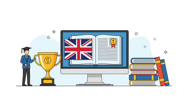 Online English learning platform features a computer screen with a book, British flag, a graduate, and a winner trophy cup.