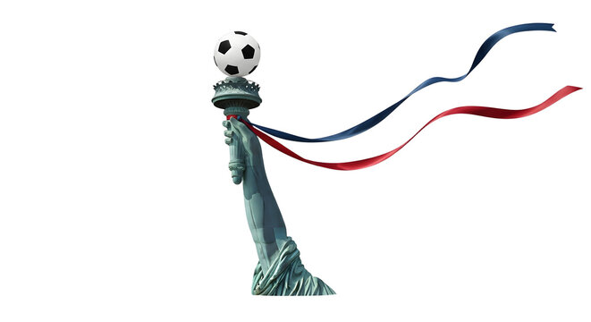 The Statue of Liberty with a soccer ball on its torch and red blue ribbons Fun surrealism in navy blue and chrymson red colors. USA in the 2026 soccer world championship