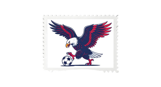 A cartoon eagle playing soccer on a postage stamp Fun surrealism in navy blue and chrymson red colors. USA in the 2026 soccer world championship