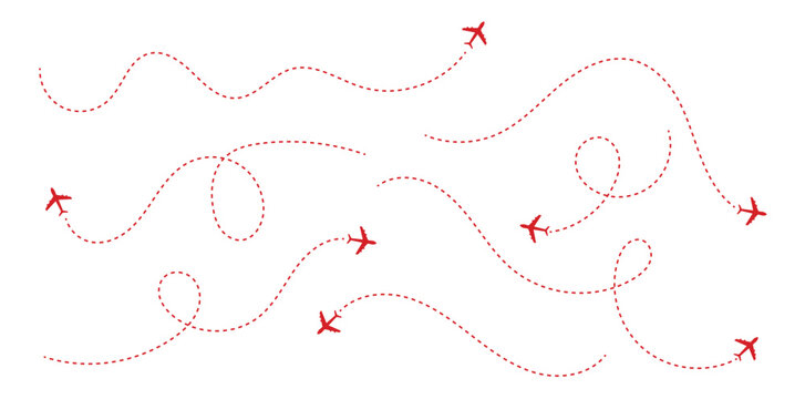 Airplane Route Icon Set with Dotted Flight Path Lines. Airplane line path icon set. Airplane routes vector set. Plane flight path vector set.