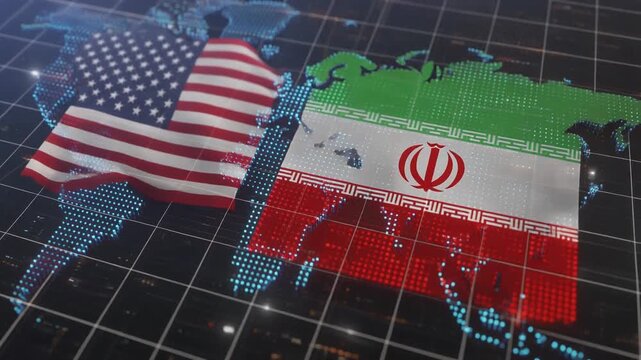 American and Iranian flags over digital world map grid symbolizing global geopolitical tensions strategic rivalry and international relations dynamics.