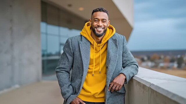 A man in a yellow hoodie leaning against a wall