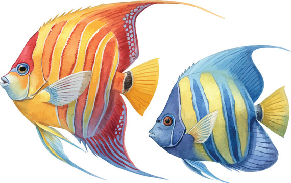 Watercolor Angelfish Illustration, Reef Fish Clipart, isolated on white background