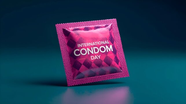 A pink condom wrapper with "INTERNATIONAL CONDOM DAY" text, floating against a dark teal background with a slight shadow.