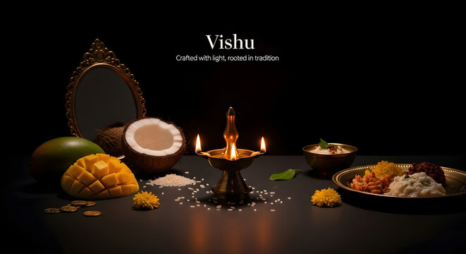 Happy Vishu New Year Celebration Luxury Poster with Traditional Vishukkani Arrangement, Mango, Coconut and Brass Oil Lamp, Ultra Realistic Photography Style
