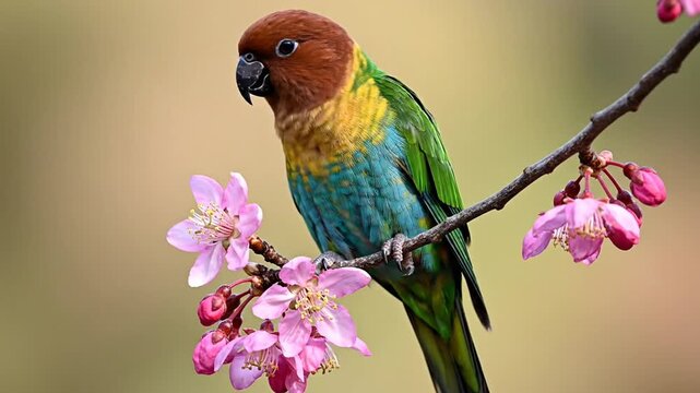 Colorful parrot eating pink blossoms on a branch cinematic motion stock footage
