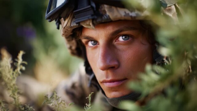 A Young Soldier Posing in Camouflage Amidst Nature, Displaying Focus and Determination with Intense Eyes, Ready for Action and Duty in a Military Environment