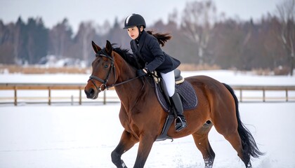 Fototapeta premium A woman rides a brown horse through snow