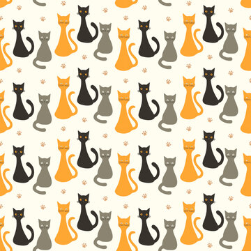 Seamless pattern with colorful stylized cats and paw prints on a light background
