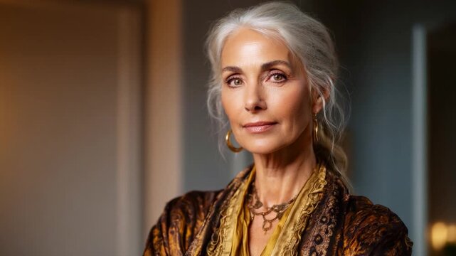 Elegant Senior Woman with Graceful Presence Captured in Two Frames, Showcasing Confidence and Poise in a Beautifully Styled Outfit with Beautiful Hair and Jewelry.