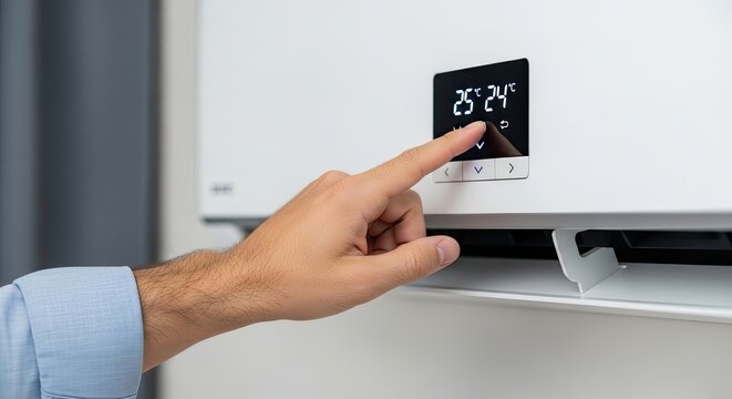 A person is adjusting the temperature on a modern white boiler. A hand is touching the digital display, which shows a temperature of 24&deg;C.