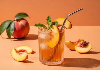 Fototapeta premium A refreshing glass of peach tea with slices of peach and a sprig of mint on a peachcolored background with whole and sliced peaches