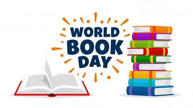 World Book Day with colorful stacked books and open book, 4k Video