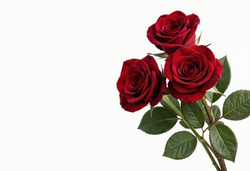 Naklejka premium Three Red Roses with Green Leaves Isolated on White Background