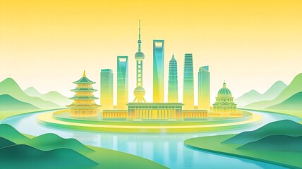 Obraz premium Shanghai Skyline Illustration with Historic and Modern Architecture