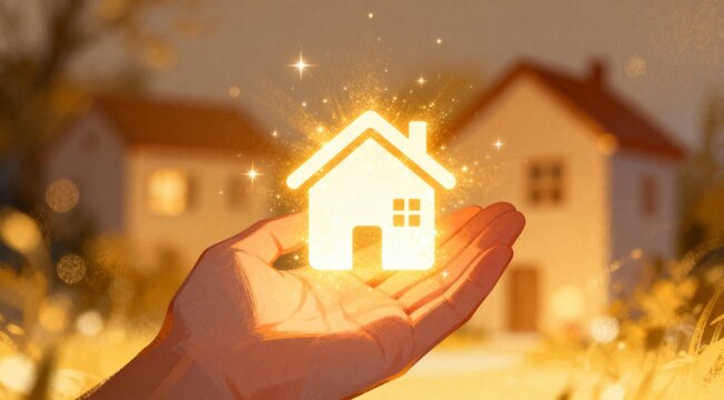 Hand Holding Glowing House Icon with Homes in Background