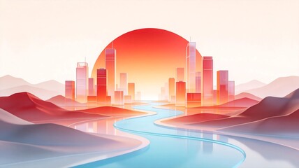 Fototapeta premium Sunset Over Modern Cityscape with River and Hills
