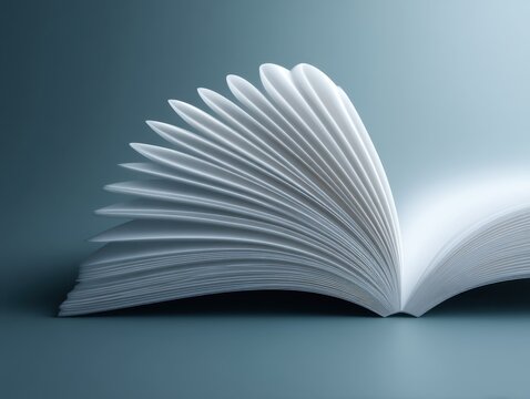 Open book with fanned pages on soft blue background showcasing minimalistic elegance and inviting reader engagement.