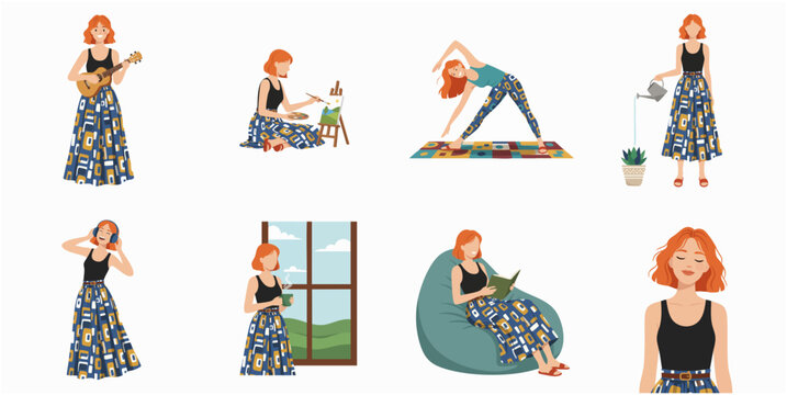 Flat Character Illustration Set Woman with Ukulele Painting Yoga Relaxing Activity