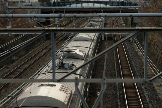 Pantograph of a Yamanote Line train viewed from an overpass in Tokyo
