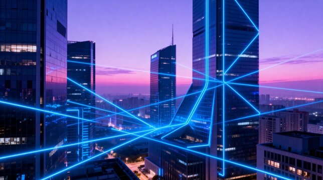 Urban Skyline with Digital Connectivity Lines