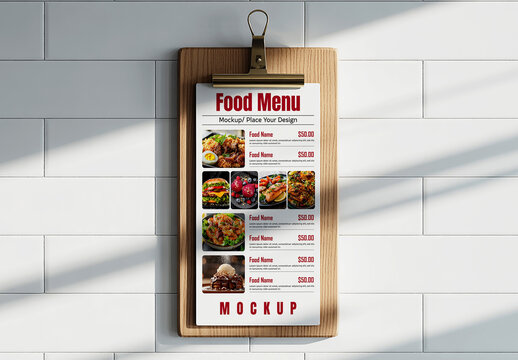 Restaurant Food Menu Design Mockup on Wooden Clipboard and Wall