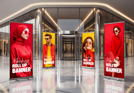Roll Up Banner Mockup Set in Modern Shopping Mall Entrance