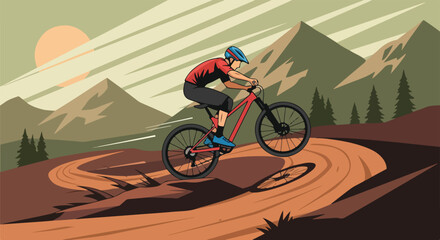 Naklejka premium A cyclist in the mountains rides his bicycle on a winding dirt path at sunset